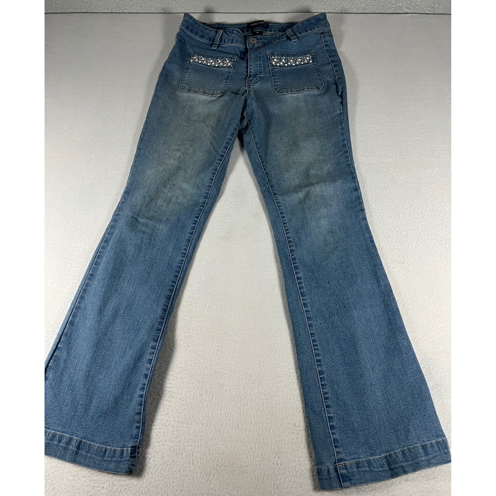 Indigo Fusion Flare Jeans Womens 10 Blue Good Embellished Patch Pocket Y2K Denim